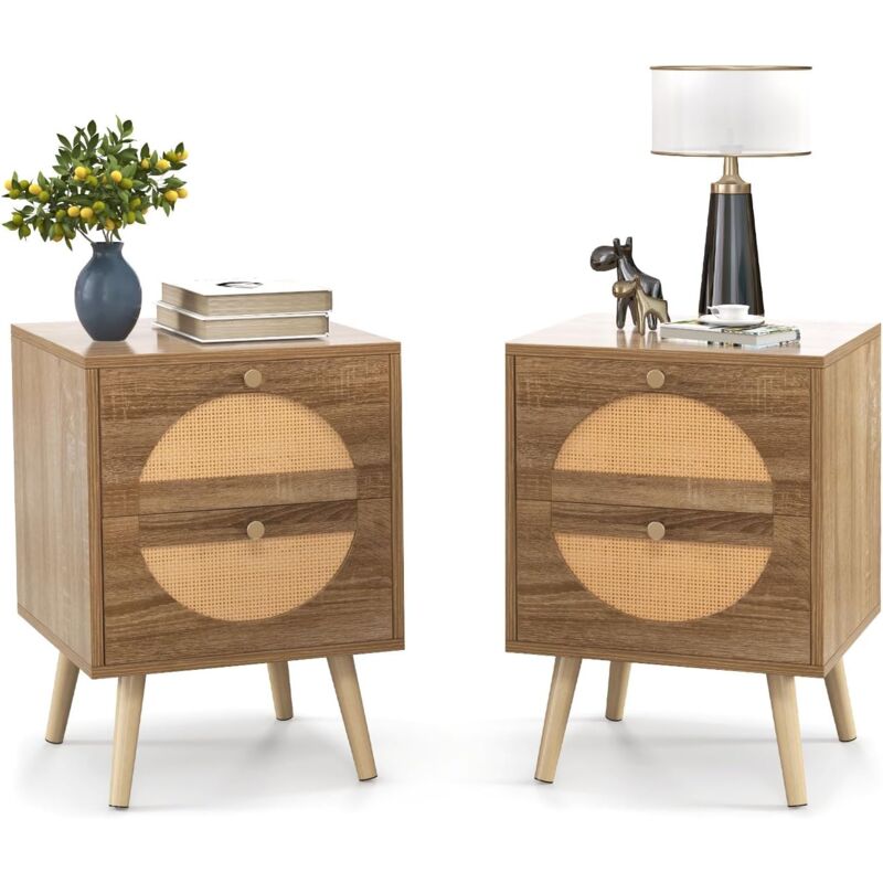 foto del prodotto relax4life set di 2 comodini per camera da letto, comodino piccolo con 2 cassetti in rattan, stile boho chic, tavolino per soggiorno e camera da