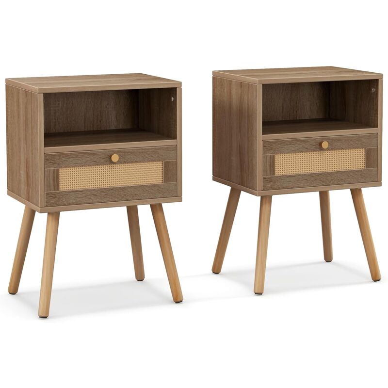 foto del prodotto relax4life set di 2 comodini per camera da letto, comodino piccolo con cassetto in rattan, stile boho chic, tavolino per soggiorno e camera da