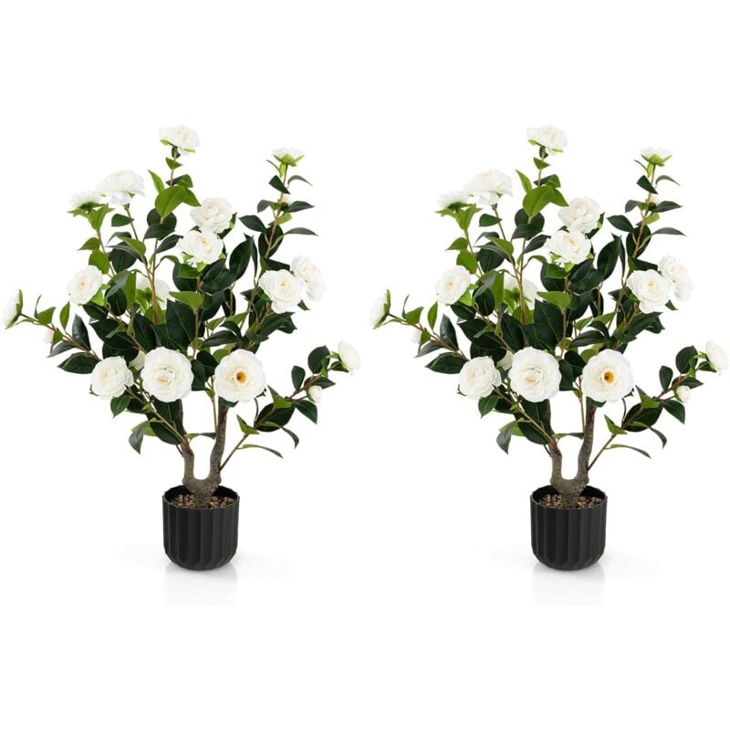 foto del prodotto relax4life set di 2 piante finte da interno, albero di camelia artificiale 95 cm, pianta finta in vaso di cemento, 24 fiori e 186 foglie, per