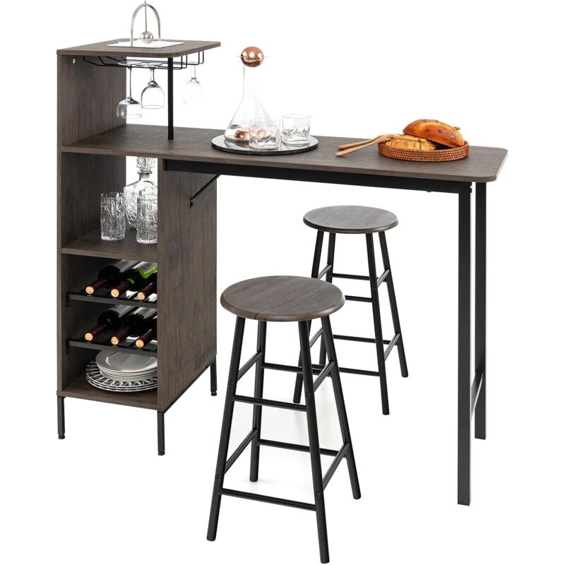 foto del prodotto relax4life set di tavolo con 2 sedie con porta bottiglie da vino, portacalici, 4 ripiani, salvaspazio, per balcone, cucina, soggiorno, in legno e