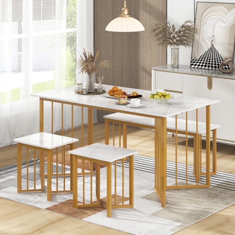 foto del prodotto relax4life set tavolo da pranzo a 4 posti, tavolo da pranzo marmo finto, panca e 2 sgabelli, struttura in metallo, per cucina e sala da pranzo