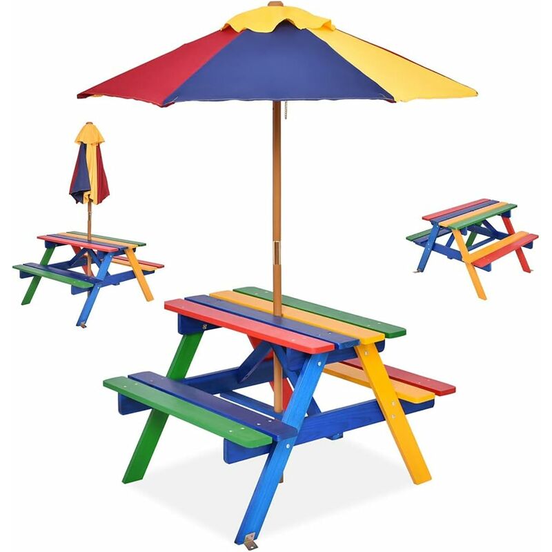 foto del prodotto relax4life set tavolo e sedie per bambini, set mobile da esterno con ombrello parasole da esterno, tavolino e panche da giardino terrazzo balcone,