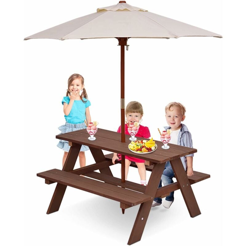 foto del prodotto relax4life set tavolo e sedie per bambini, set mobile da esterno con ombrello parasole da esterno, tavolino e panche da giardino terrazzo balcone,