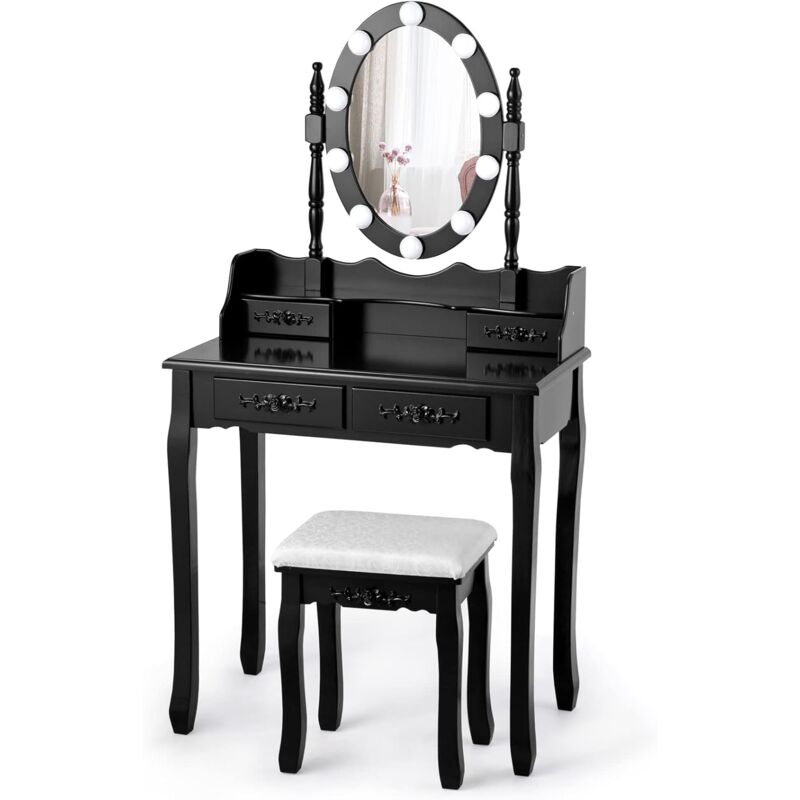 foto del prodotto relax4life set toeletta da trucco con sgabello imbottito, specchio girevole e luminoso con 10 lampadine, 5 cassetti con manopole a fiore, tavolo da