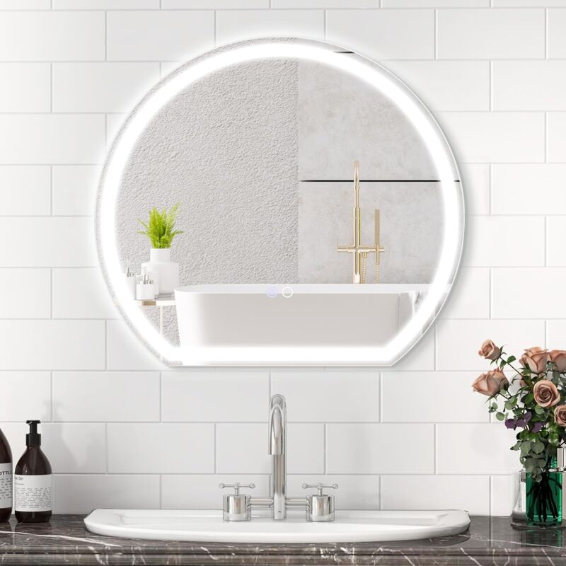 foto del prodotto relax4life specchio da bagno led rotondo 60 x 54 cm, specchio da parete con luminosit regolabile e luci a 3 colori, specchio antifog senza cornice