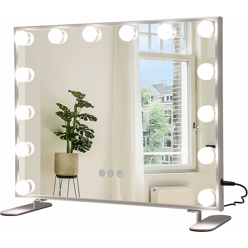 foto del prodotto relax4life specchio per il trucco con 14 luci led dimmerabili, 3 colori di luce, specchio da tavolo e da parete 2 in 1 con supporto in metallo,
