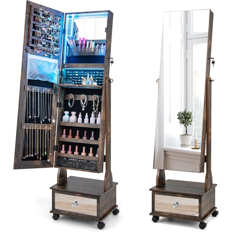 foto del prodotto relax4life specchio portagioie da terra, armadietto portagioie con luci led, 3 angoli regolabili, 4 ruote universali, organizzatore per gioielli e