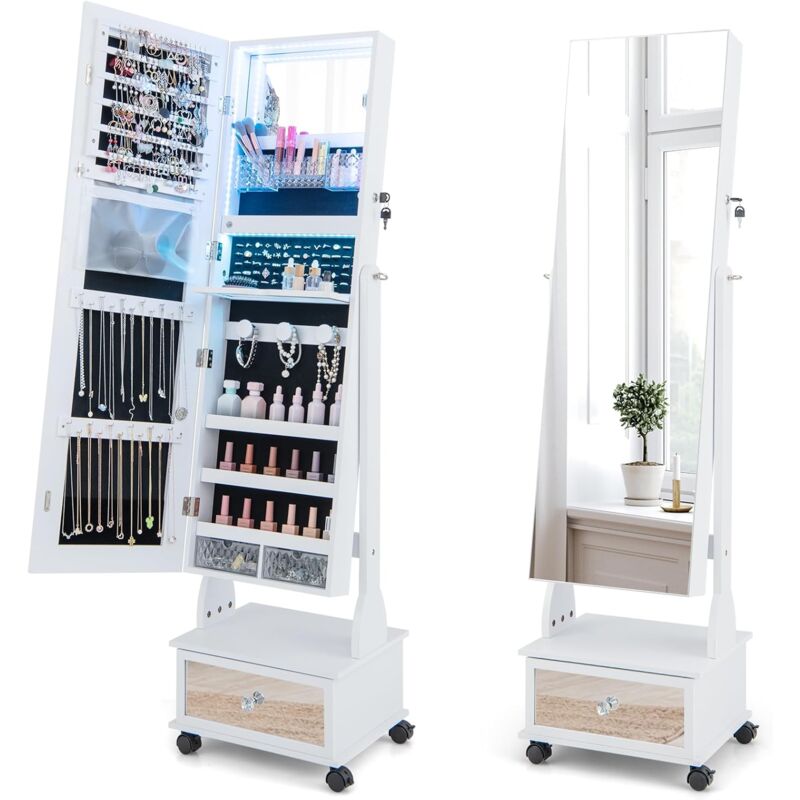 foto del prodotto relax4life specchio portagioie da terra, armadietto portagioie con luci led, 3 angoli regolabili, 4 ruote universali, organizzatore per gioielli e