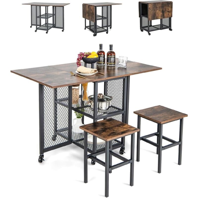 foto del prodotto relax4life tavolo da pranzo allungabile con ruote, tavolo da incasso e set di sedie con piano ribaltabile, 2 ripiani portaoggetti, tavolo con ruote