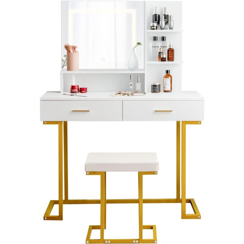 foto del prodotto relax4life tavolo da trucco con sgabello con luci a led, postazione trucco con specchiera, scaffale portaoggetti e 2 cassetti, set di toeletta