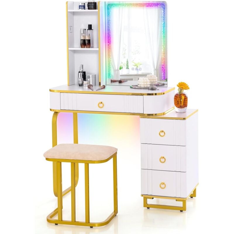 foto del prodotto relax4life toeletta da trucco con luci e sgabello, tavolo per il trucco con porta usb type c ricarica wireless, postazione trucco moderno con