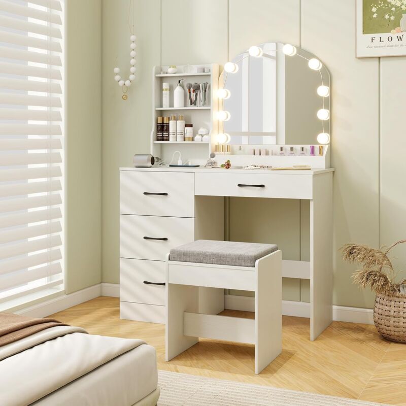 foto del prodotto relax4life toeletta da trucco con luci led a 3 colori, tavolo da trucco con stazione di ricarica e 4 cassetti, postazione trucco per camera da