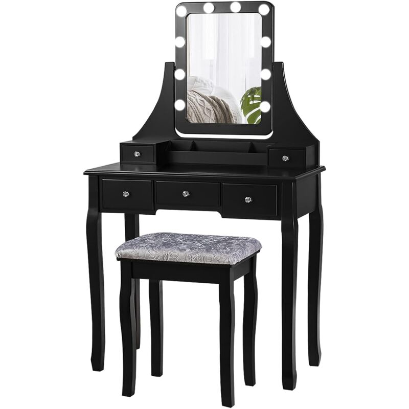 foto del prodotto relax4life toeletta trucco con specchio girevole, 10 lampadine e gambe in legno di pino, toeletta da trucco con 5 cassetti e sgabello imbottito,