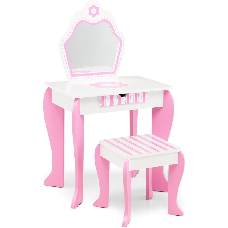 foto del prodotto relax4life toeletta trucco per bambini, set tavolo da trucco con specchio e sgabello, gioco di bellezza, set di vanit per bambini da 3 a 7 anni