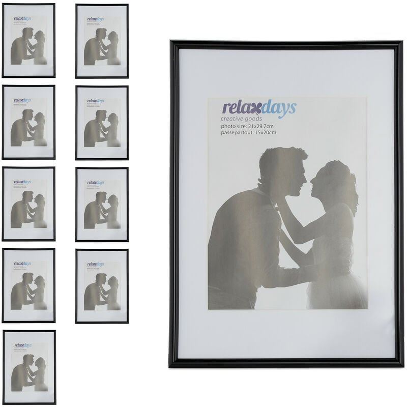 foto del prodotto relaxdays 10x cornici portafoto, formato a4, passe partout 15x20 cm, da appoggiare o appendere, per foto e disegni, nero bianco