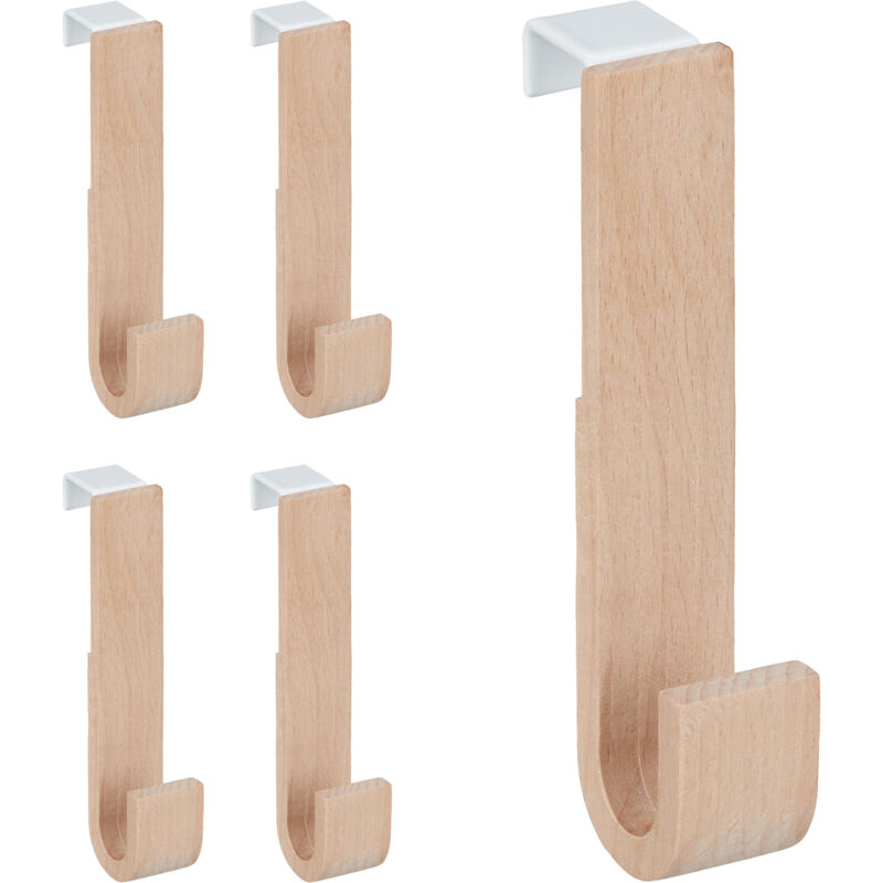 foto del prodotto relaxdays 10x ganci da porta, appendiabiti, legno ferro, porta accappatoio asciugamani, hlp 13x2,5x6 cm, naturale bianco
