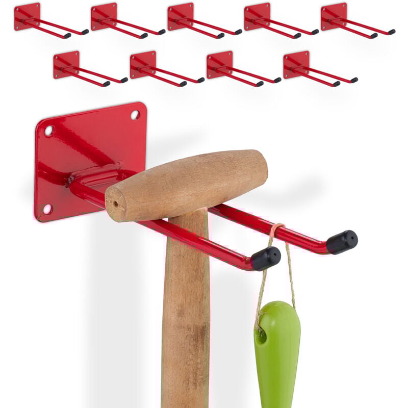 foto del prodotto relaxdays 10x ganci porta attrezzi da giardino, l 24 cm, appendi accessori giardinaggio, portaoggetti officina, rosso