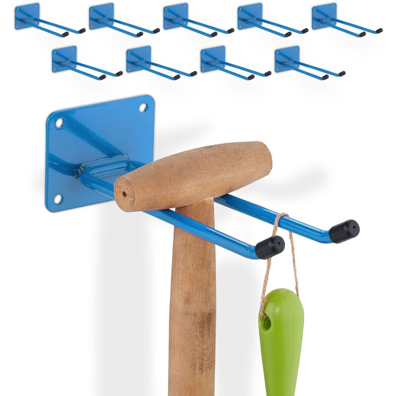 foto del prodotto relaxdays 10x ganci porta attrezzi da giardino, l 24 cm, appendi scope e accessori giardinaggio, portaoggetti officina, blu