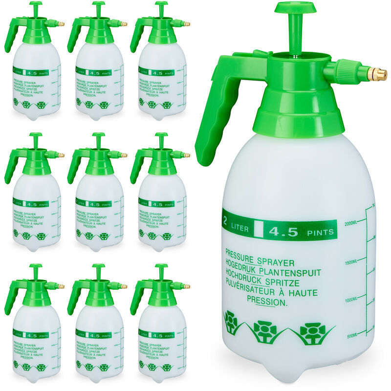 foto del prodotto relaxdays 10x spruzzatore a pressione, nebulizzatore, valvola regolabile in ottone, manometro bottiglia pesticidi 2 l, verde