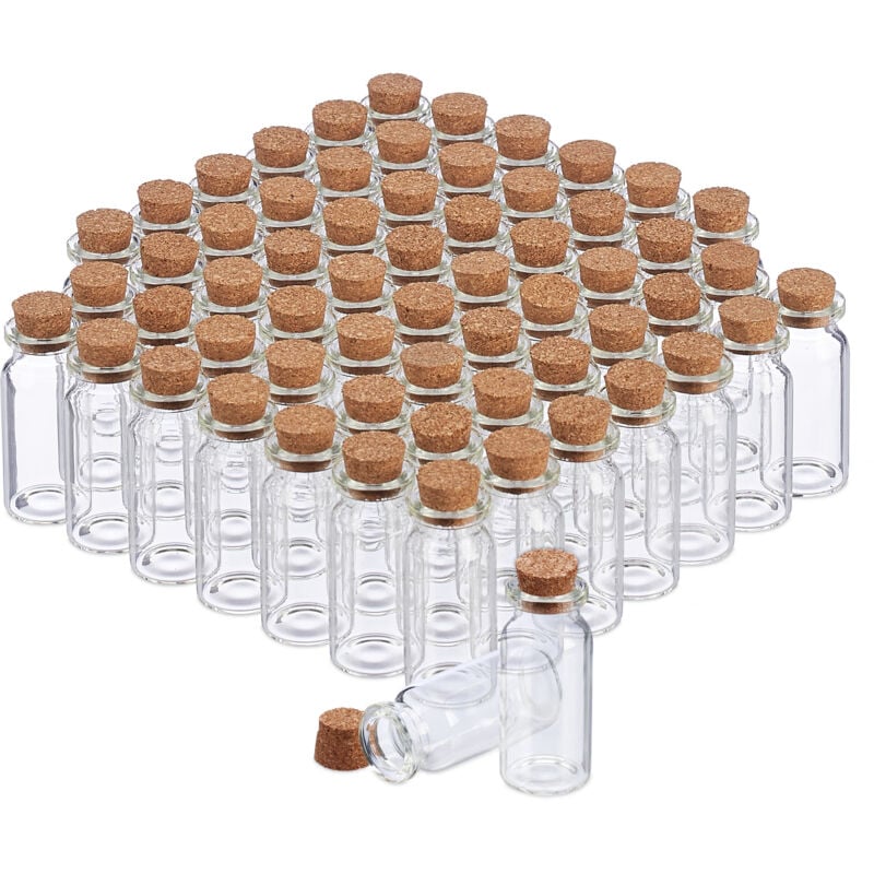 foto del prodotto relaxdays 120 vasetti in vetro con tappi in sughero, bottigliette deco, per oli spezie, 10 ml, trasparente