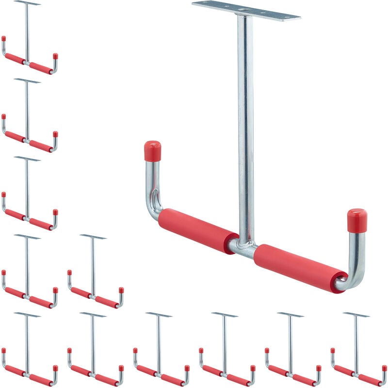 foto del prodotto relaxdays 12x portautensili da soffitto, ganci, fino a 25 kg, garage e officina, in acciaio, hxl 30x42 cm, argento rosso
