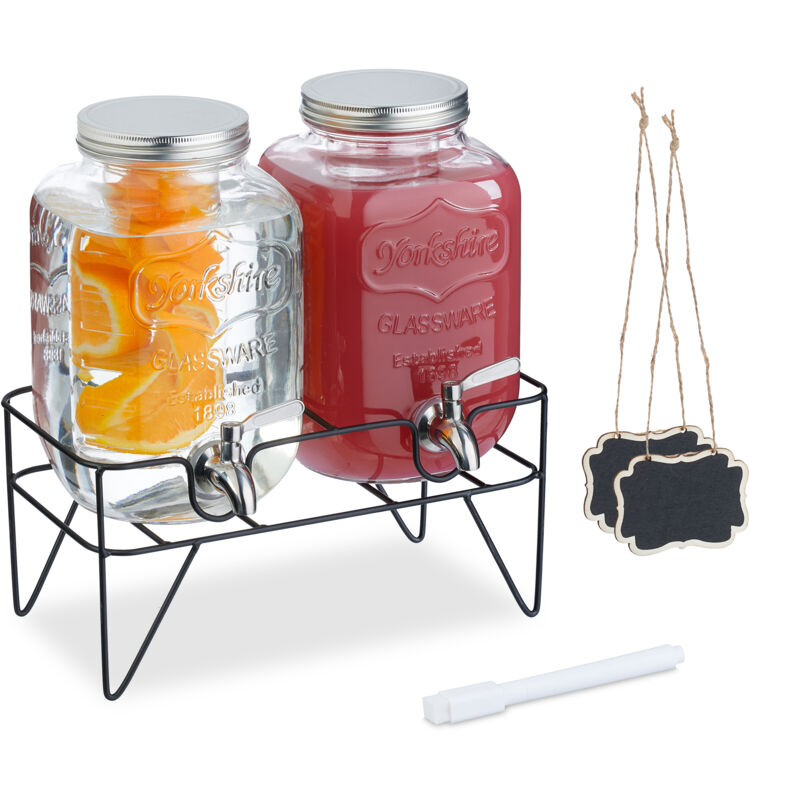 foto del prodotto relaxdays 2 dispenser in vetro per bevande, erogatore con rubinetto in acciaio inox 4 l, distribuitore acqua e limonate