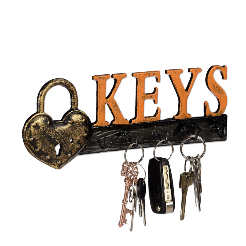 foto del prodotto relaxdays - 2x appendi chiavi da parete, 5 ganci, lucchetto e scritta keys , in ghisa, vintage, 10x26x3 cm, arancione/nero
