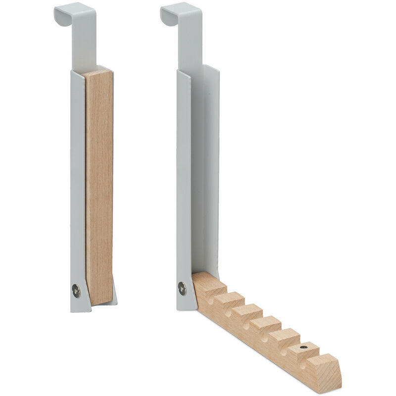 foto del prodotto relaxdays 2x appendiabiti pieghevole da porta, 6 ganci per grucce, appendino per porte spesse 2 cm, ferro e legno, grigio