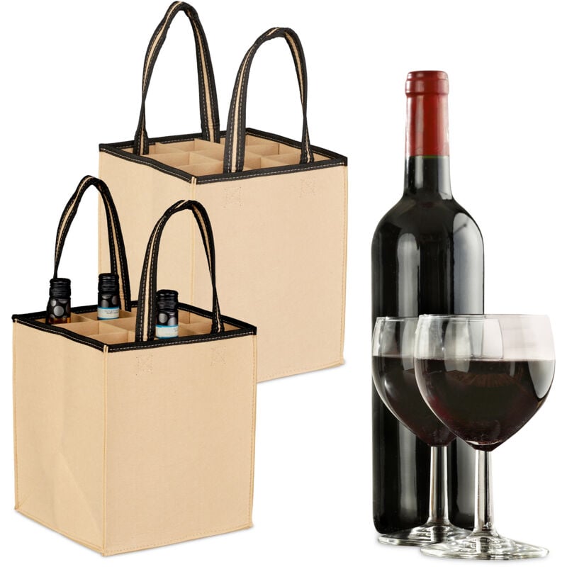 foto del prodotto relaxdays 2x borsa porta bottiglie di vino e birra, 9 scomparti, portabottiglie e shopping bag, 45x24x24 cm, grigio