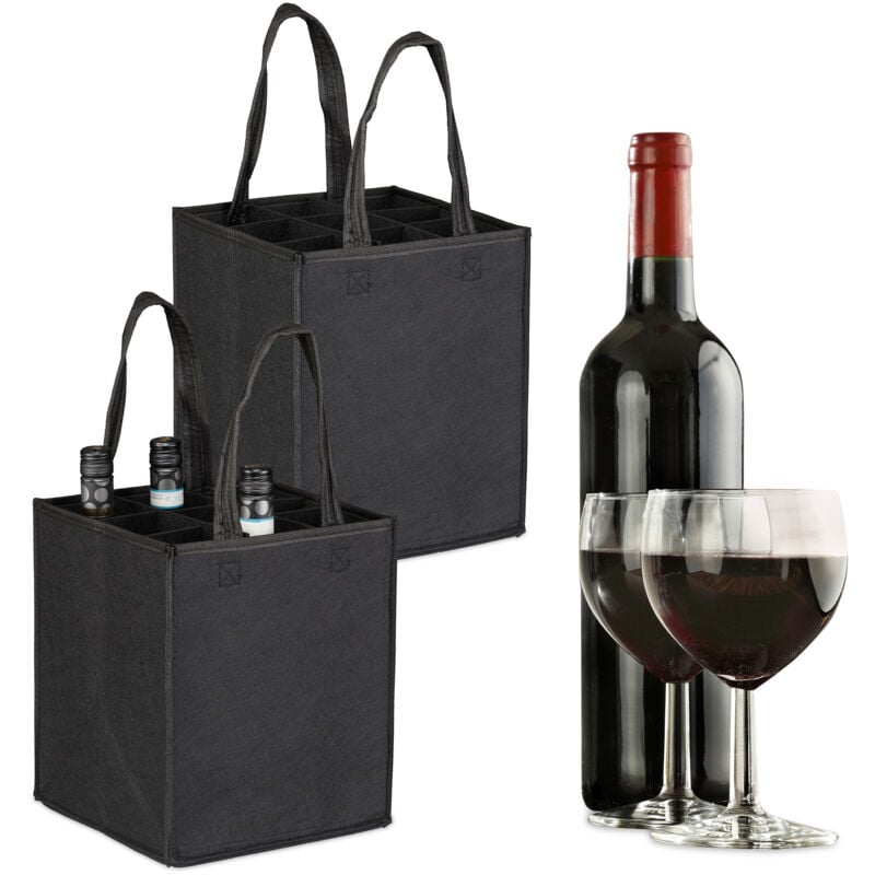 foto del prodotto relaxdays 2x borsa porta bottiglie di vino e birra, 9 scomparti, portabottiglie e shopping bag, 45x24x24 cm, nero
