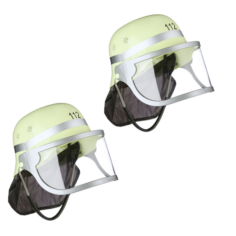 foto del prodotto relaxdays 2x casco da pompiere bambini, visiera, fazzoletto per collo poggia mento, regolabile, 24,5x22,5x28 cm, giallo