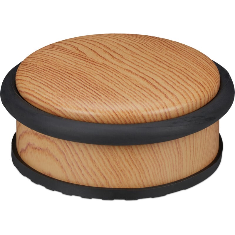 foto del prodotto relaxdays 2x fermaporta da pavimento piatto, blocca porta per ante pesante, aspetto legno, hxd 5 x 10,5 cm, marrone chiaro