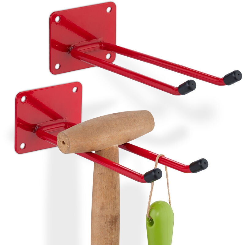 foto del prodotto relaxdays 2x ganci porta attrezzi da giardino, l 24 cm, appendi accessori giardinaggio, portaoggetti officina, rosso