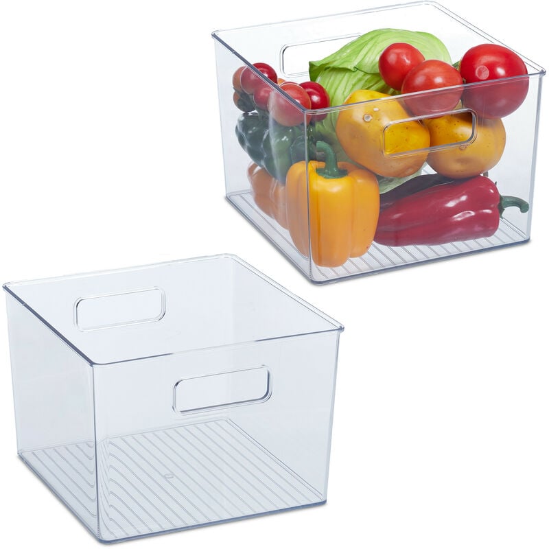 foto del prodotto relaxdays 2x organizer da frigorifero, contenitore da cucina, box per alimenti, hlp 15,5x21x21 cm, con manici, trasparente