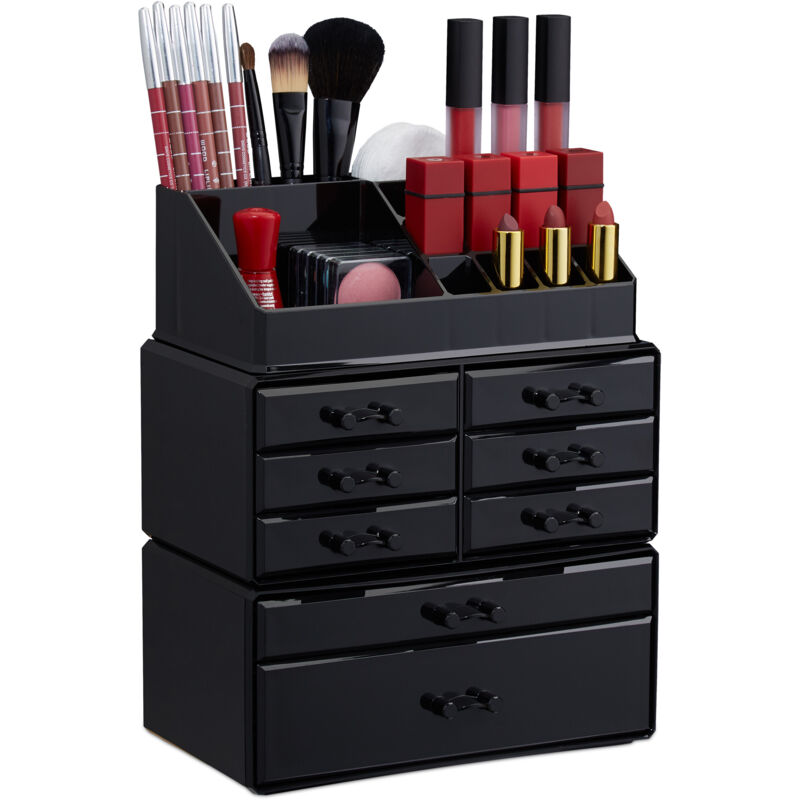 foto del prodotto relaxdays 2x organizer make up con cassetti, contenitore impilabile con porta rossetti, in acrilico, nero