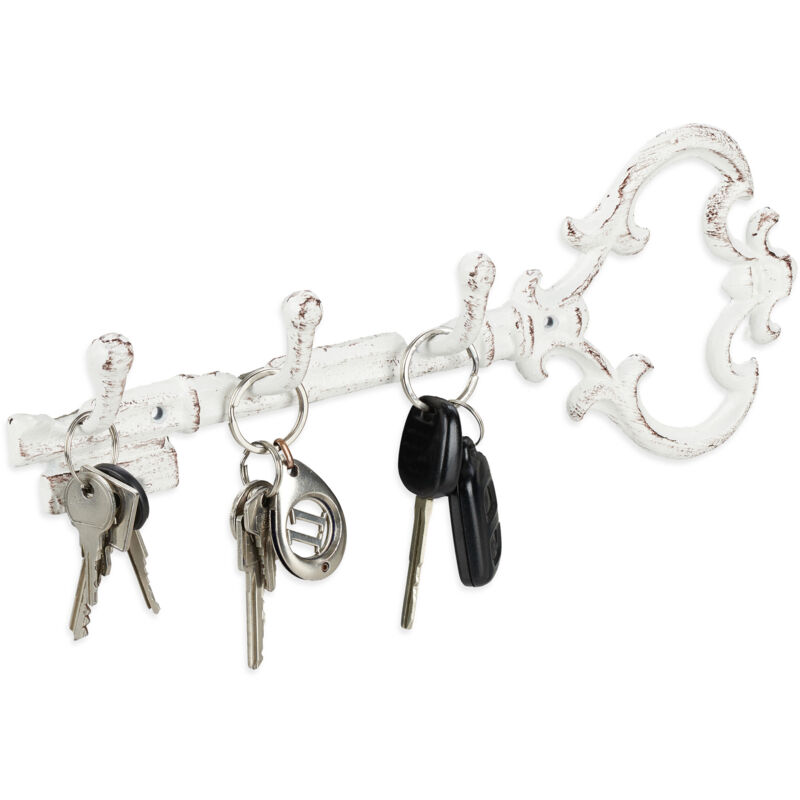 foto del prodotto relaxdays 2x portachiavi da muro, 3 ganci porta chiavi da parete a forma di chiave, decorativo, 12,5x33x4,5 cm, bianco