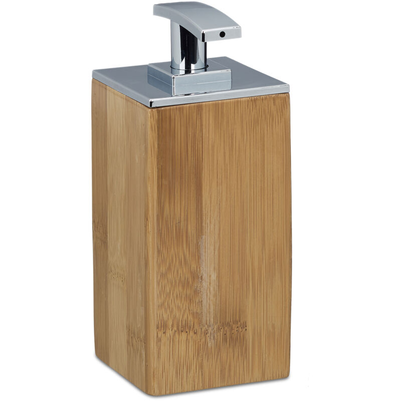 foto del prodotto relaxdays 2x portasapone liquido bamb , ricaricabile, hxlxp 17 x 7 x 7 cm, dosatore lozioni e creme, 225 ml, legno, naturale