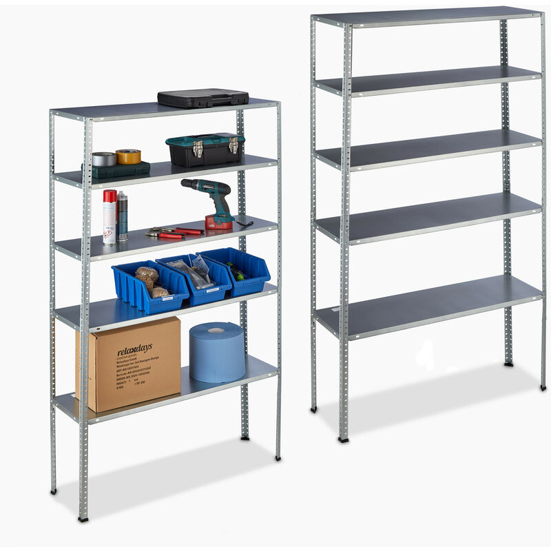 foto del prodotto relaxdays 2x scaffale in acciaio zincato, portata 250 kg, hxlxp 185x100x30 cm, 5 ripiani, per garage e dispensa, argento