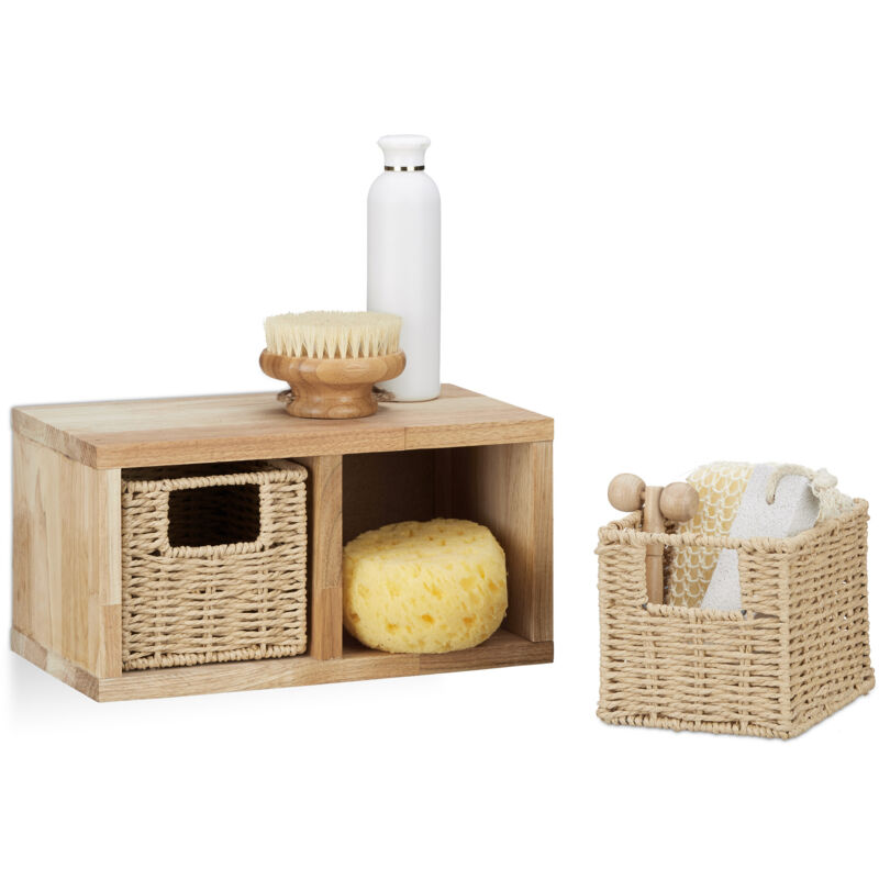 foto del prodotto relaxdays 2x set mobile in legno di noce, bagno cucina, doppia cesta estraibile per ogni mobiletto, 4 ceste totali, naturale