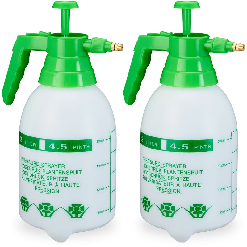 foto del prodotto relaxdays 2x spruzzatore a pressione, nebulizzatore, valvola regolabile in ottone, manometro bottiglia pesticidi 2 l, verde