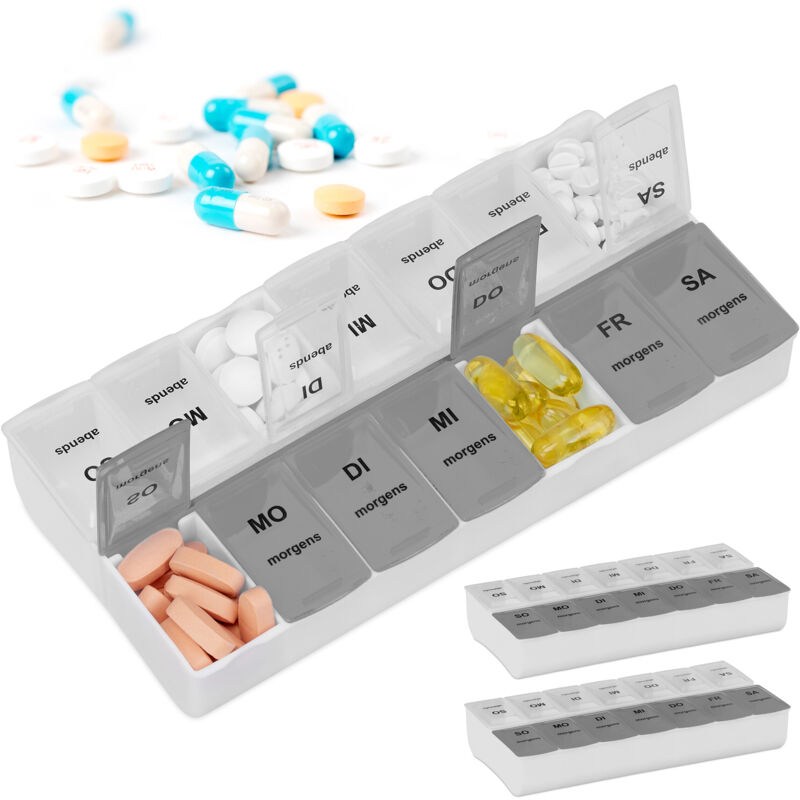 foto del prodotto relaxdays 3 astucci portapillole settimanali, 2 scomparti mattina e sera, organizer porta pastiglie, custodia medicinali