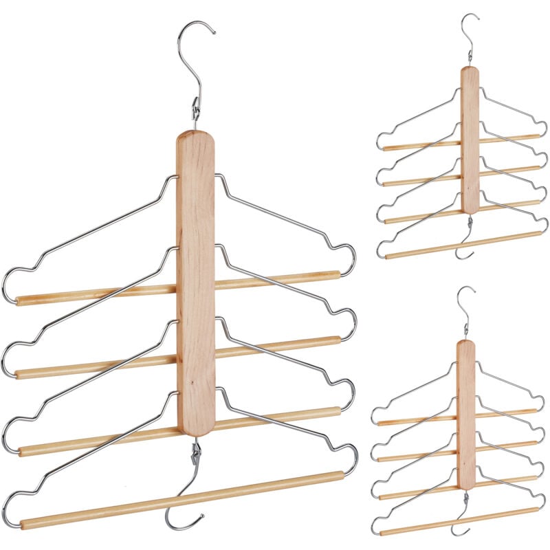 foto del prodotto relaxdays 3 grucce appendiabiti multiple, bastone 4 stampelle mobili, ganci in metallo, legno, marrone naturale argento