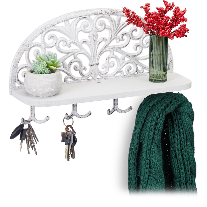 foto del prodotto relaxdays 3x appendiabiti da parete con mensola, design antico, 4 ganci doppi, portaoggetti, ghisa, 23x39x11,5 cm, bianco