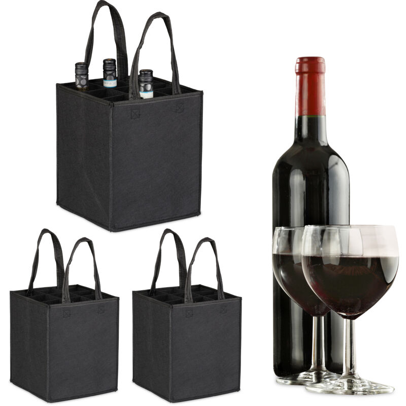 foto del prodotto relaxdays 3x borsa porta bottiglie di vino e birra, 9 scomparti, portabottiglie e shopping bag, 45x24x24 cm, nero