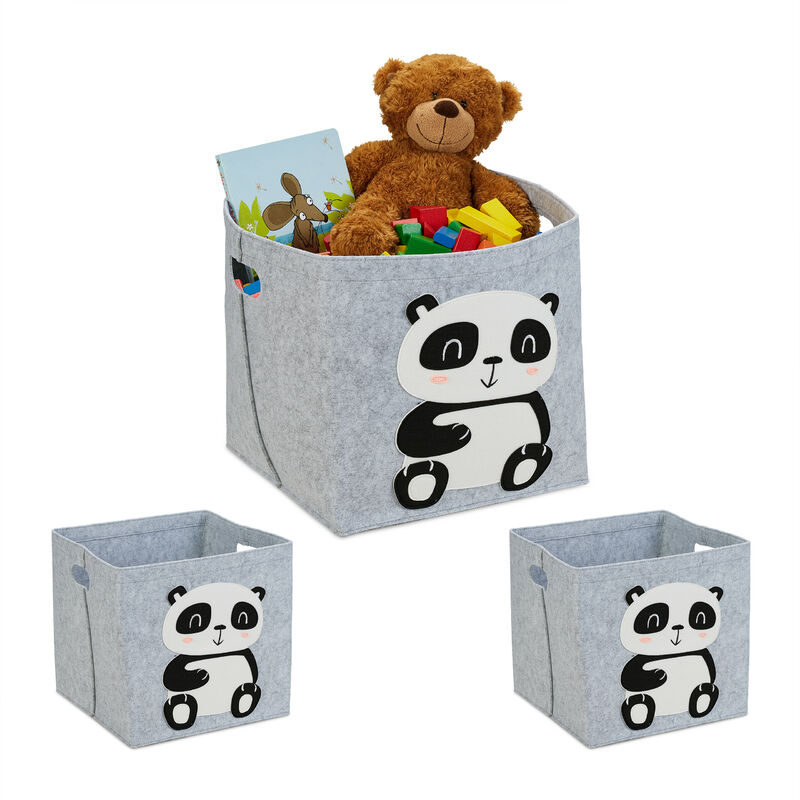 foto del prodotto relaxdays 3x box portagiocattoli, cesta in feltro portaoggetti, hlp 33x34x32 cm, con panda, cameretta bambini, grigio