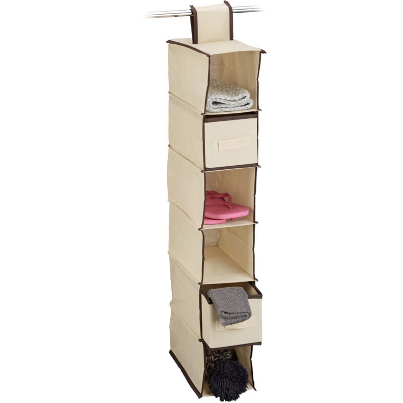 foto del prodotto relaxdays 3x scaffale salvaspazio da appendere, 6 scompartimenti, 2 cassetti, stoffa, hbt 82 x 14,5 x 30 cm, beige