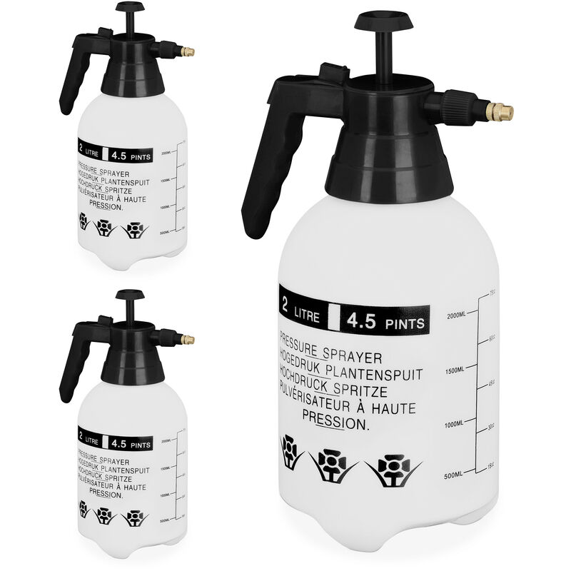 foto del prodotto relaxdays 3x spruzzatore a pressione da 2 l, ugello regolabile, nebulizzatore acqua e diserbante, da giardino, bianco nero