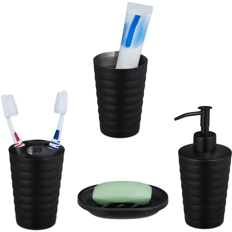 foto del prodotto relaxdays 4 accessori set bagno acciaio inox spazzolato, porta spazzolino e dentifricio, sapone e saponetta, nero