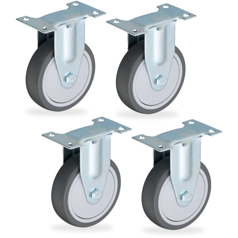 foto del prodotto relaxdays 4 ruote per carrello fisse, 100 mm, silenziose rotelle per mobili e carichi da 400 kg, tpr e acciaio, grigio