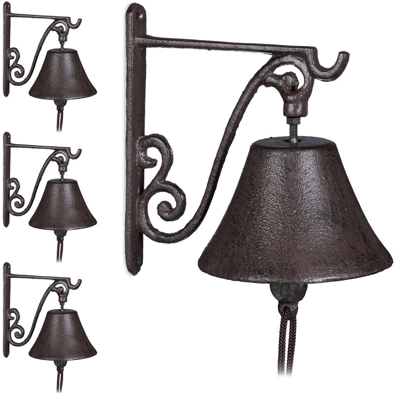 foto del prodotto relaxdays 4x campana per porta in ghisa antica, stile rustico, a parete da ingresso, deco da giardino, resistente, marrone